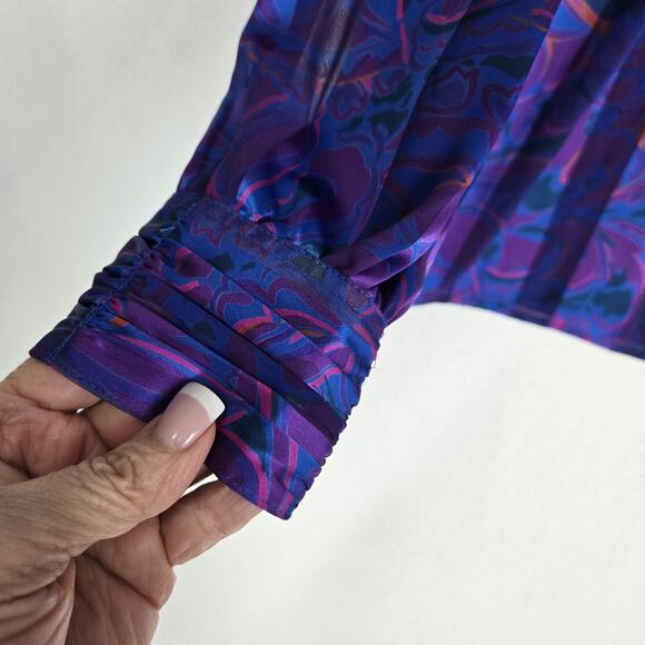 VTG Stuart Lang Blouse Sz 14 Purple Geo Print High Neck Long Sleeve Secretary - Picture 6 of 16